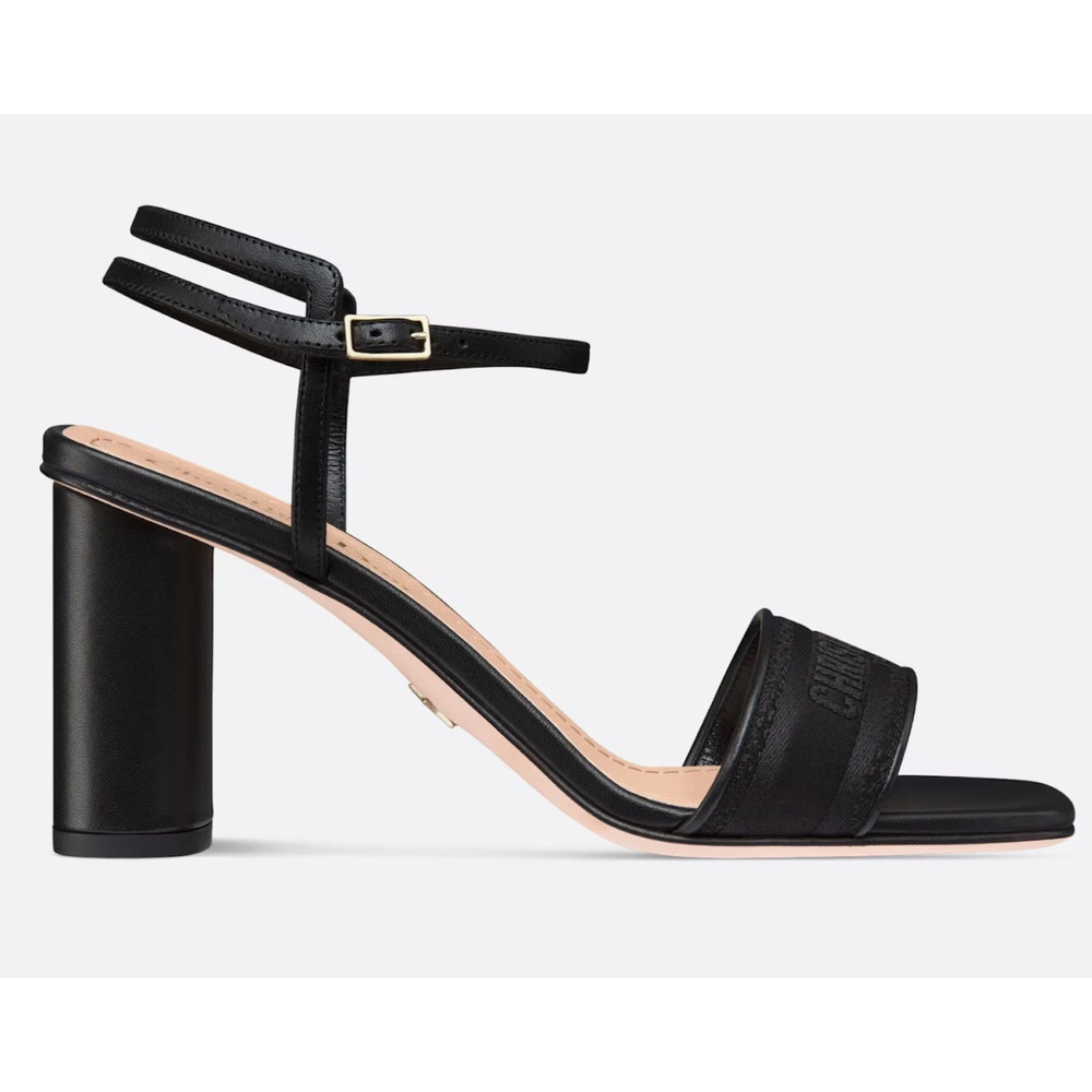 Dior Dway Heeled Sandal Embroidered Satin Black Ankle Strap Block Heel Pump 35